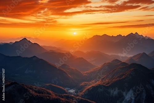 Spectacular Mountain Hiking With Awe-Inspiring Peach-Orange Sunset Scenery © Anastasiia