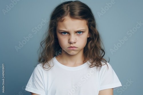 A young girl with long brown hair wearing a white t-shirt. Suitable for various applications