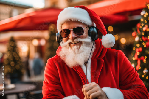 Festive Santa Claus Grooves To Tunes With His Headphones © Anastasiia