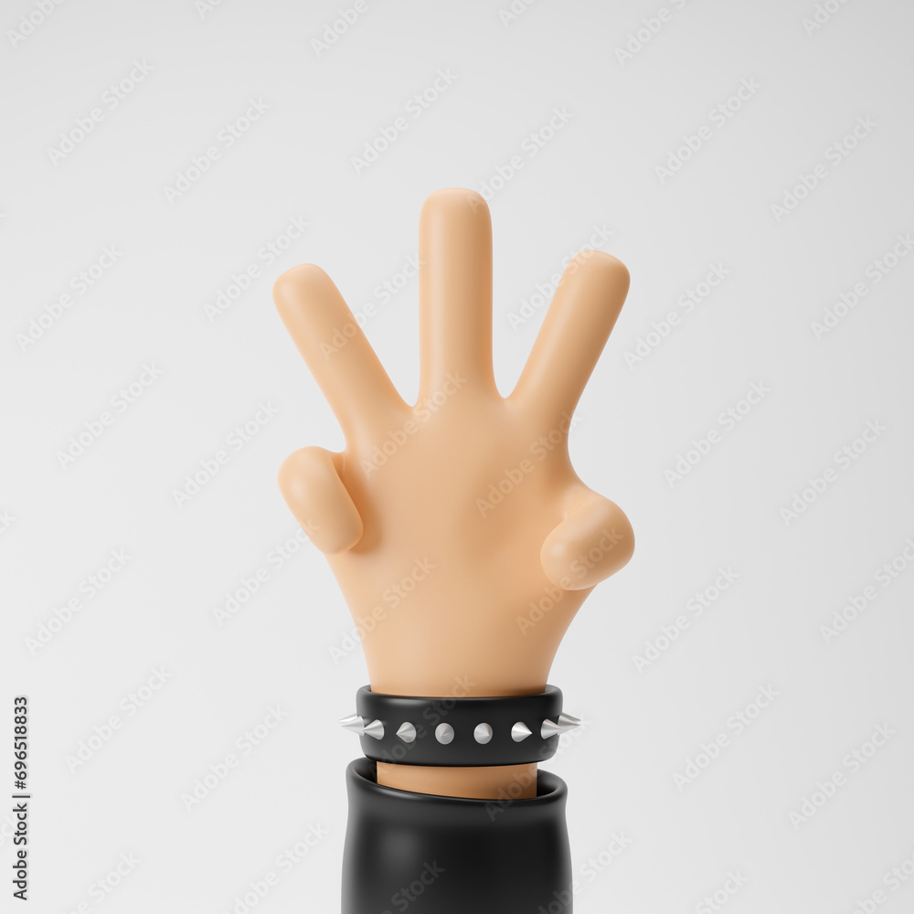 Obraz premium Rocker cartoon hand showing three fingers counting isolated over white background. 3d rendering.