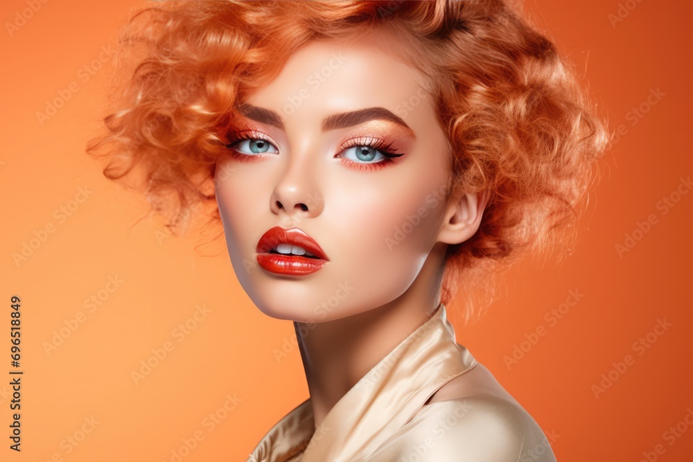 Model With Peachyorange Eyeshadow And Lipstick For Creative Makeup Model With Peachyorange Eyeshadow And Lipstick For Creative Makeup