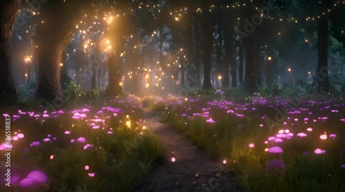 An amazing magical night fairy forest full of mystical lights, fireflies and fairies. photo