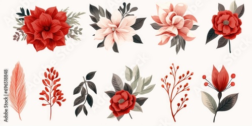 A collection of flowers and leaves arranged on a white background. Suitable for various design projects