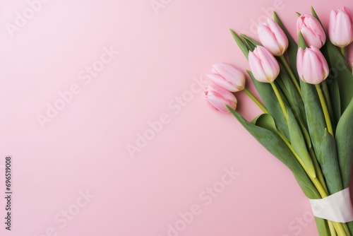 Pink Tulip Bouquet On Pastel Pink Backdrop Various Occasions © Anastasiia