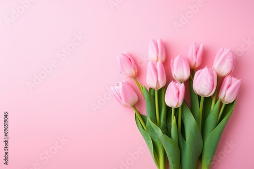 Delicate And Welcoming Spring Scene: Pink Tulips Blossoming On A Pink Background © Anastasiia