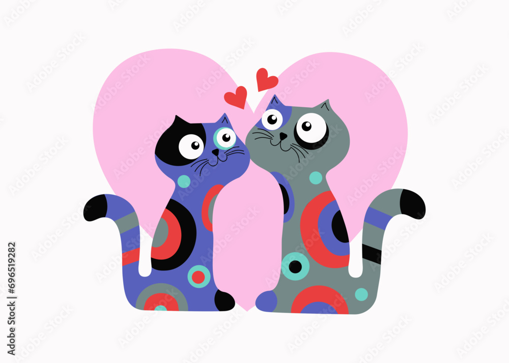 Obraz premium Bright multi-colored cartoon cats with hearts, cats in love. Valentine's Day postcard design. Cute happy couple of kittens. Vector illustration with isolated background.