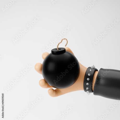Rocker cartoon hand holding black spherical bomb isolated over white background. 3D rendering.