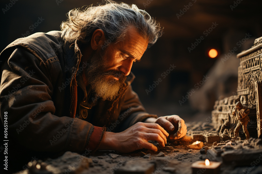 archaeologist delicately brushing off dust from an ancient artifact, creating a cinematic scene that emphasizes the connection between the present and the past in a photo