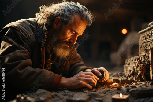 archaeologist delicately brushing off dust from an ancient artifact, creating a cinematic scene that emphasizes the connection between the present and the past in a photo