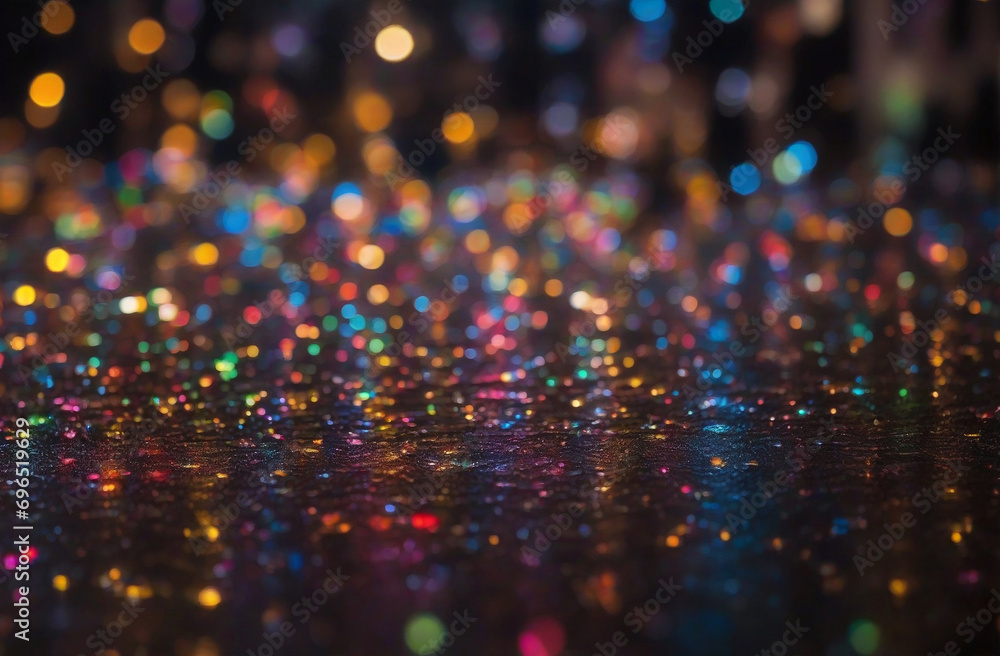 Colored bokeh reflected on a dark surface