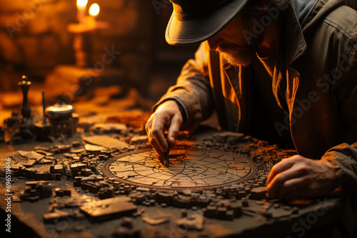 archaeologist piecing together fragments of an artifact like a puzzle, symbolizing the process of reconstructing history in a cinematic-style photo photo