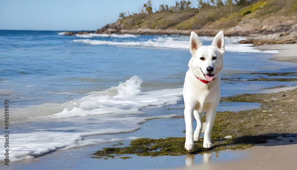 White dog on shore White dog on shore