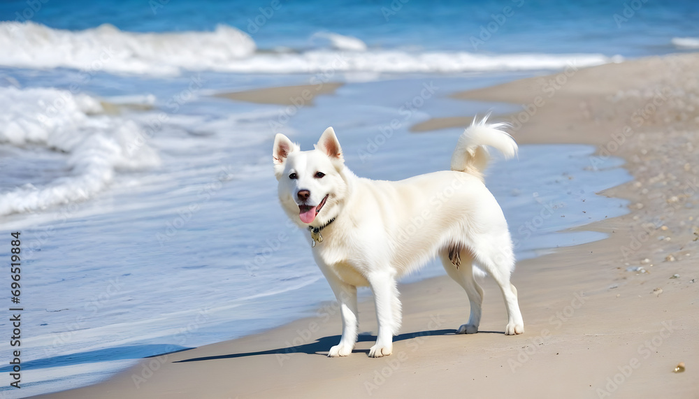 White dog on shore White dog on shore