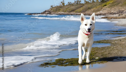 White dog on shore