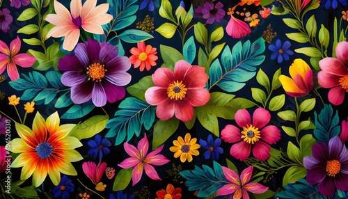 dark floral background wallpaper design with multicolor flowers and leaves © Makayla
