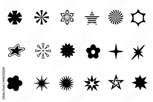 Brutalist shapes for Swiss minimal style design.  Trendy Y2k cool Bauhaus geometric postmodern primitive figures. Brutalist contemporary stars and flowers. Vector illustration decorative pattern