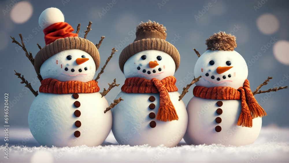 Três bonecos de neve com touca e cachecol em uma noite gelada de inverno com fundo desfocado.