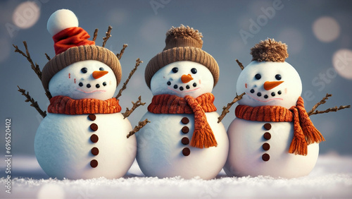 Três bonecos de neve com touca e cachecol em uma noite gelada de inverno com fundo desfocado. photo