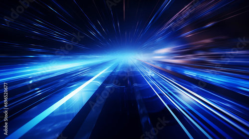 visual art representation of light speed, with a focus on dynamic curves and blurs in blue on a black background photo