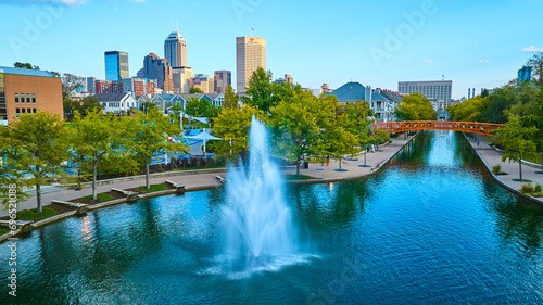 Aerial View of Urban Park with Fountain and City Skyline  Indianapolis