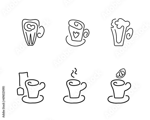 Set of hot drinks tea and coffee cups, contour black linear silhouettes. Vector linear icons for menu, website, cafe design