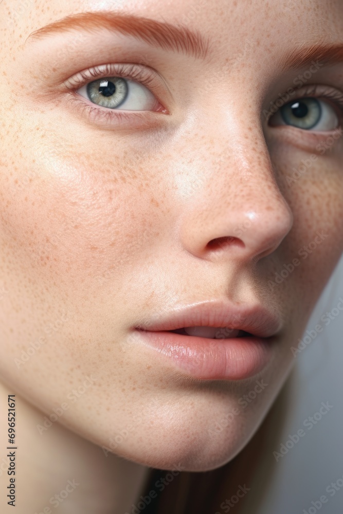 A close-up shot of a woman with freckles on her face. This image can be used to depict natural beauty and diversity A close-up shot of a woman with freckles on her face. This image can be used to depict natural beauty and diversity