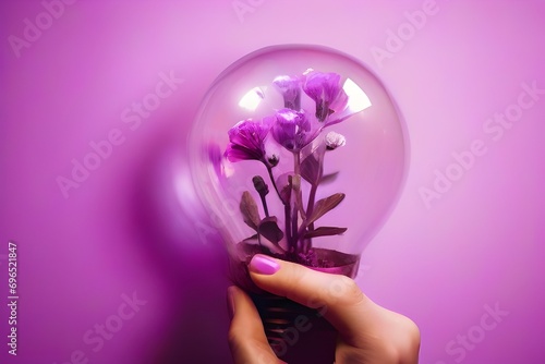 Female hand holds glowing light bulb with purple flowers inside against magenta background Generative Ai