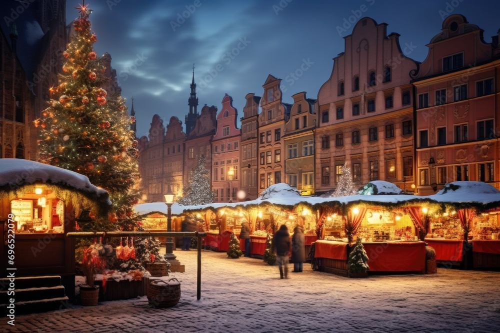 A bustling Christmas market in the heart of the city. Perfect for capturing the festive atmosphere and holiday spirit. Use this image to enhance your holiday-themed projects