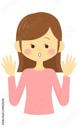 びっくりして両手をあげる女性の上半身のイラスト(ベクター)