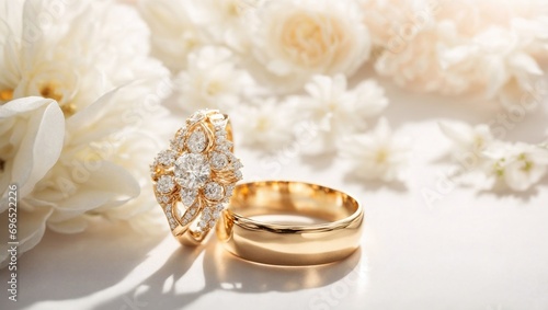 Gold wedding rings on white and white flowers