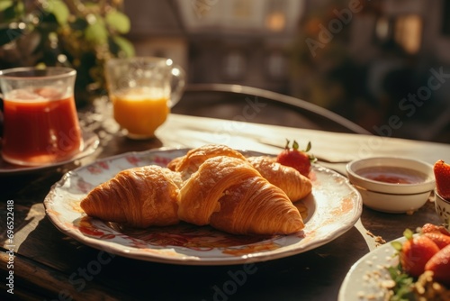 A delicious plate of croissants and a bowl of fresh strawberries displayed on a table. Perfect for breakfast or a brunch setting