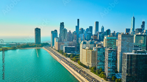 Chicago  IL aerial city skyscraper buildings with clear blue summer sky  tourism  beautiful lake