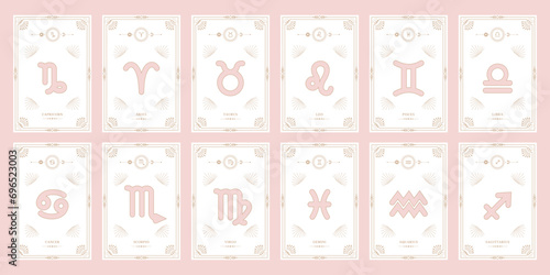 Zodiac astrology horoscope set. Celestial mystical zodiacal horoscope templates for logo, poster or card.