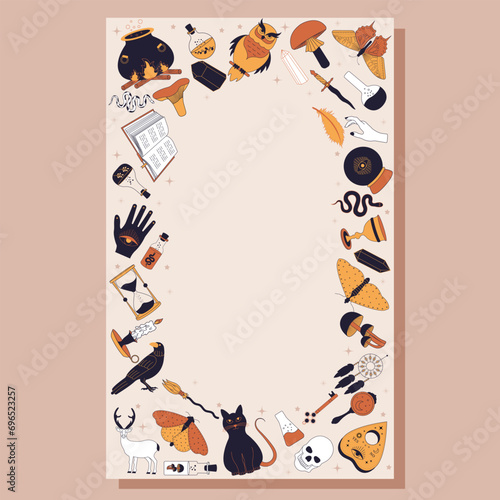 Witchy magic template. Template with witchcraft items. Collection of witchy magic and esoteric equipment. Vector illustration of mythical elements.
