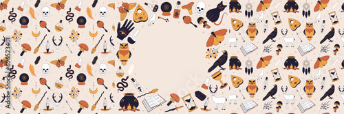 Witchy magic set. Seamless patterns and background. Set with witchcraft items. Collection of witchy magic and esoteric equipment. Vector illustration of mythical elements.