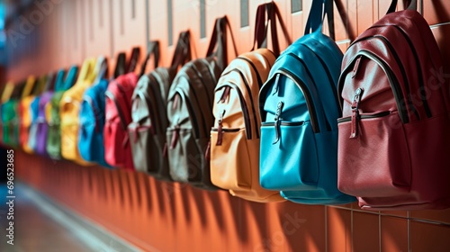 A dynamic angle capturing a row of backpacks hanging on hooks in a school corridor, each representing a different color scheme and personality.