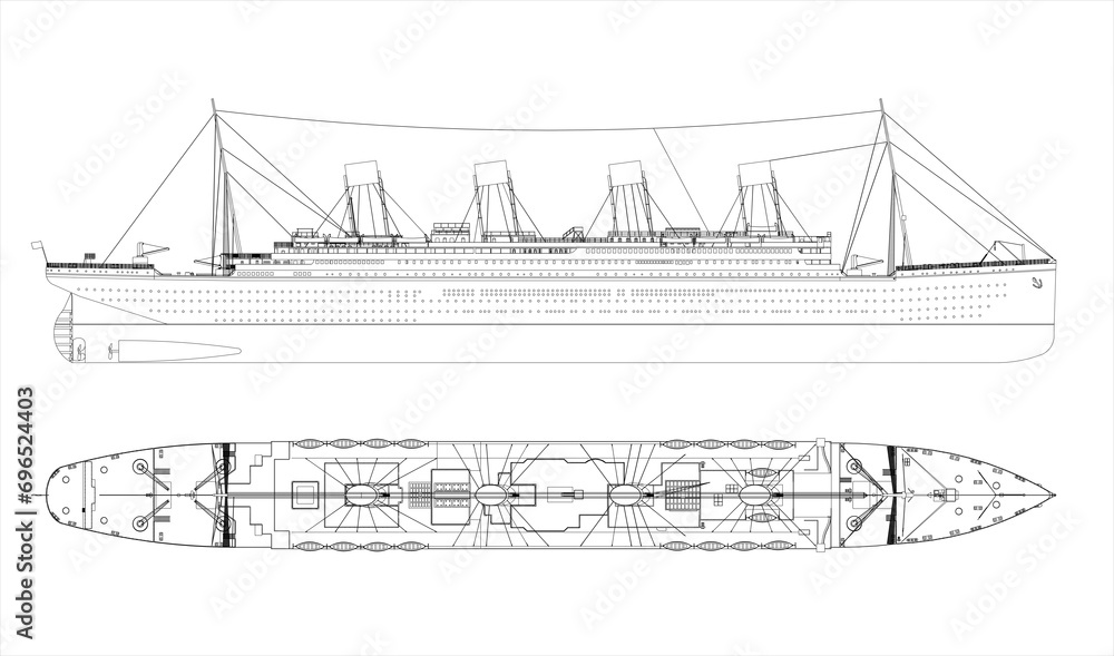 British transatlantic steamer. The largest passenger ship in world history in 1912-1913. On her maiden voyage, she sank in the North Atlantic after colliding with an iceberg. Blueprint. Coloring page.
