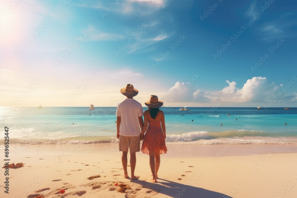 A picture of a man and a woman standing on the beach. This image can be used for various purposes