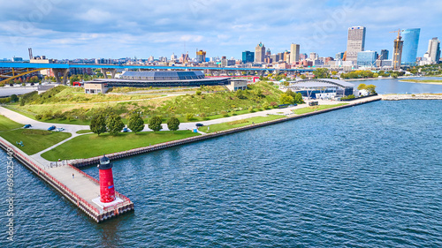 Aerial View of Milwaukee Pierhead Lighthouse and Waterfront Park photo