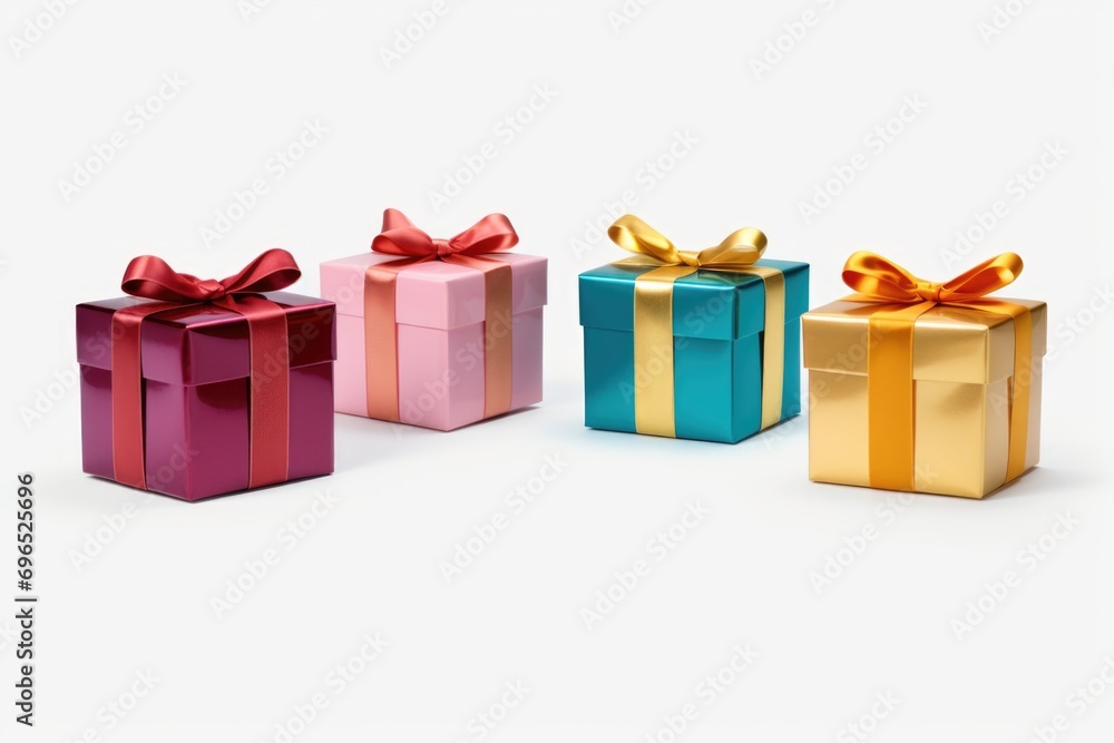 Fototapeta premium Three gift boxes with colorful bows on them. Perfect for birthdays, holidays, or any special occasion