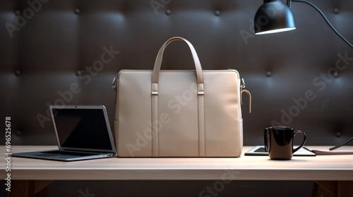 A minimalist shot of a sleek laptop bag resting on a modern classroom table, illuminated by the soft glow of a desk lamp. photo