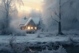A house nestled in the middle of a snowy forest. Perfect for winter-themed designs and holiday concepts