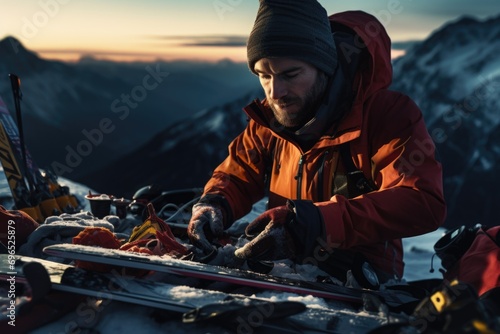 A man in a red jacket and black hat is seen working on a pair of skis. This image can be used for illustrating ski maintenance or repair