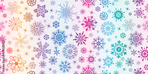 Vector hand drawn Christmas rainbow gradient seamless pattern with snowflakes on a white background