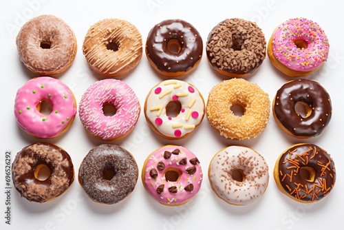 A collection of various types of donuts displayed on a clean white surface. Great for food photography or bakery-themed designs