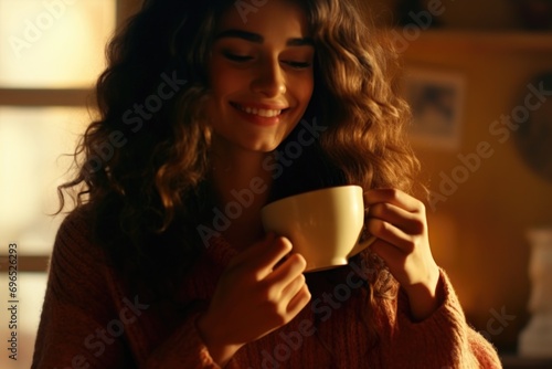 Woman holding a cup of coffee. Perfect for coffee lovers and cozy morning vibes