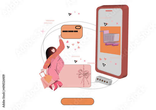 Person shopping online, ordering products and gifts from shops and stores from internet. Vector flat character with phone and shopping bag ordering and purchasing items from web, online.