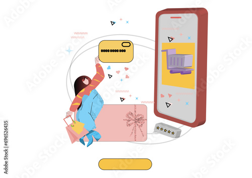 Person shopping online, ordering products and gifts from shops and stores from internet. Vector flat character with phone and shopping bag ordering and purchasing items from web, online.