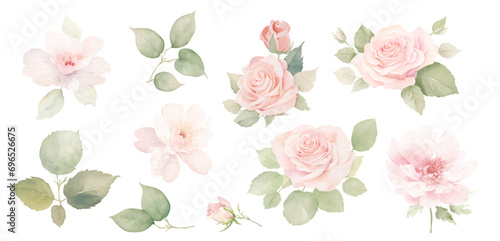 Watercolor EPS pink rose flower and leaf  clipart, minimal vector Flowers illustration decoration of red and peach flowers, leaves, branches for Invitation card, Greeting Card, Banners