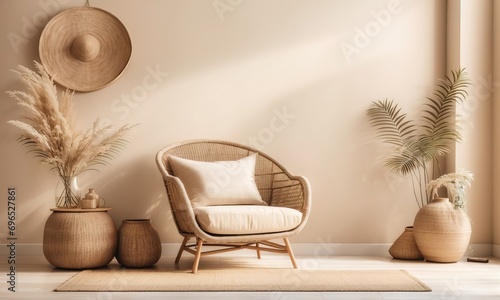 Empty beige wall mockup in boho room interior with wicker armchair and vase. Natural daylight from a window. Promotion background 